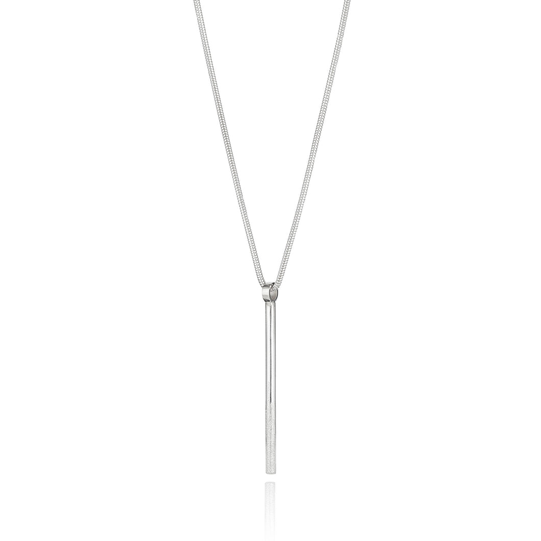 simple, elegant sterling silver straight pendant, it starts off polished at the top transitioning to a textured finish at the bottom,  made from round wire, with a silver chain.